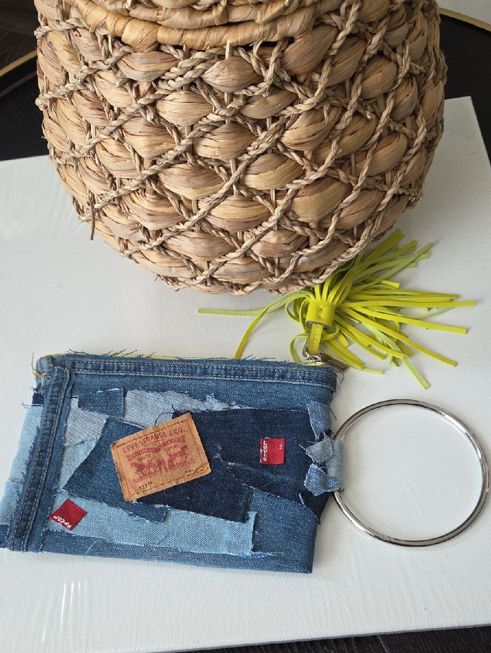 Upcyled Levi's Blue Denim Patchwork Purse with Yellow Tassel